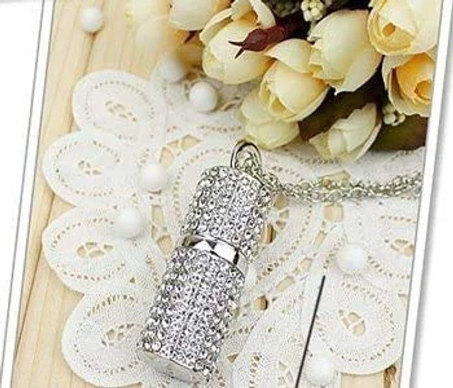 Alt view image 3 of 5 - WooTeck 128GB USB 3.0 Flash Drive,Bling Rhinestone Diamond Crystal Glitter Lipstick Case Shining Jewelry with Necklace,Silver