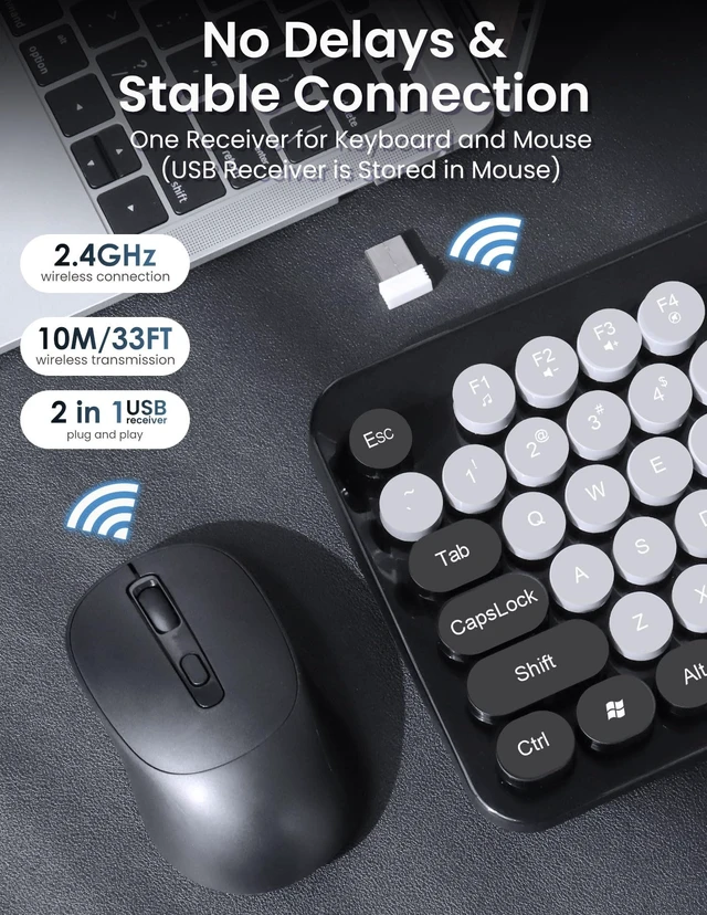Alt view image 3 of 5 - Nsyee Wireless Keyboard and Mouse Combo, Full Size Keyboard and Mouse 104 Round Keys Colorful Set with 2.4GHz USB Receiver for PC/Laptop/Computer/Windows/Tablet, Black