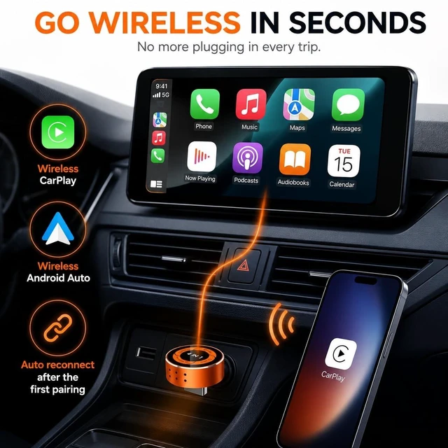 Alt view image 5 of 5 - ORLENTIS 4-in-1 Wireless CarPlay Adapter, Converts Wired CarPlay & Android Auto to Wireless, Supports AirPlay & Screen Mirroring, Auto Reconnect, USB-A/C Included, Plug and Play