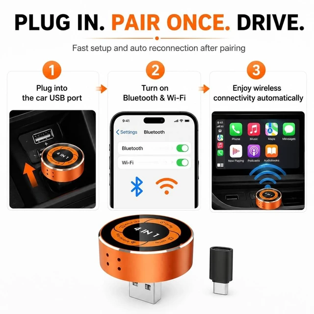 Alt view image 3 of 5 - ORLENTIS 4-in-1 Wireless CarPlay Adapter, Converts Wired CarPlay & Android Auto to Wireless, Supports AirPlay & Screen Mirroring, Auto Reconnect, USB-A/C Included, Plug and Play