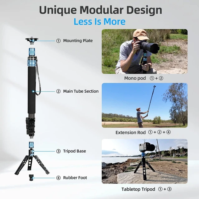 Alt view image 3 of 5 - SIRUI P-424FS Carbon Fiber Monopod, 63" Monopod with Feet for Cameras, 4-Section, 360 Panorama, Modular 3 in 1, Quick Release Plate, Max Load 12kg/26lbs