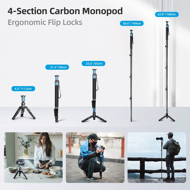 Alt view image 5 of 5 - SIRUI P-424FS Carbon Fiber Monopod, 63" Monopod with Feet for Cameras, 4-Section, 360 Panorama, Modular 3 in 1, Quick Release Plate, Max Load 12kg/26lbs