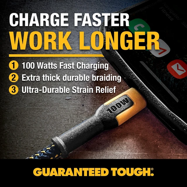 Alt view image 2 of 5 - DEWALT Heavy Duty 100W USB C Cable, Jobsite 100W Type-C to Type-C Fast Charge PD Cable, High Speed USBC Charging Cord Compatible with iPhone 17/18/16/15 Pro Max, 6 ft, 2 Pack