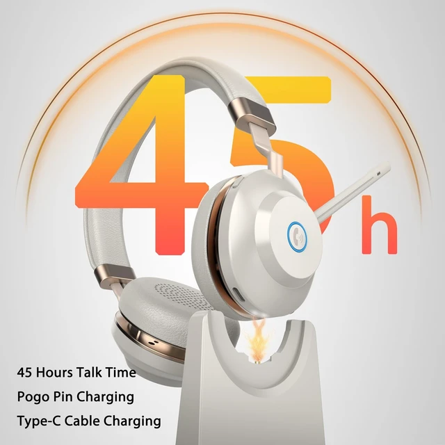 Alt view image 2 of 5 - Wireless Headset with Mic for Work, V5.2 Bluetooth Headset with Microphone Noise Canceling & Charging Base, Wireless Headphones with Mic Mute Button & USB Dongle 45Hrs for Laptop/PC/Call