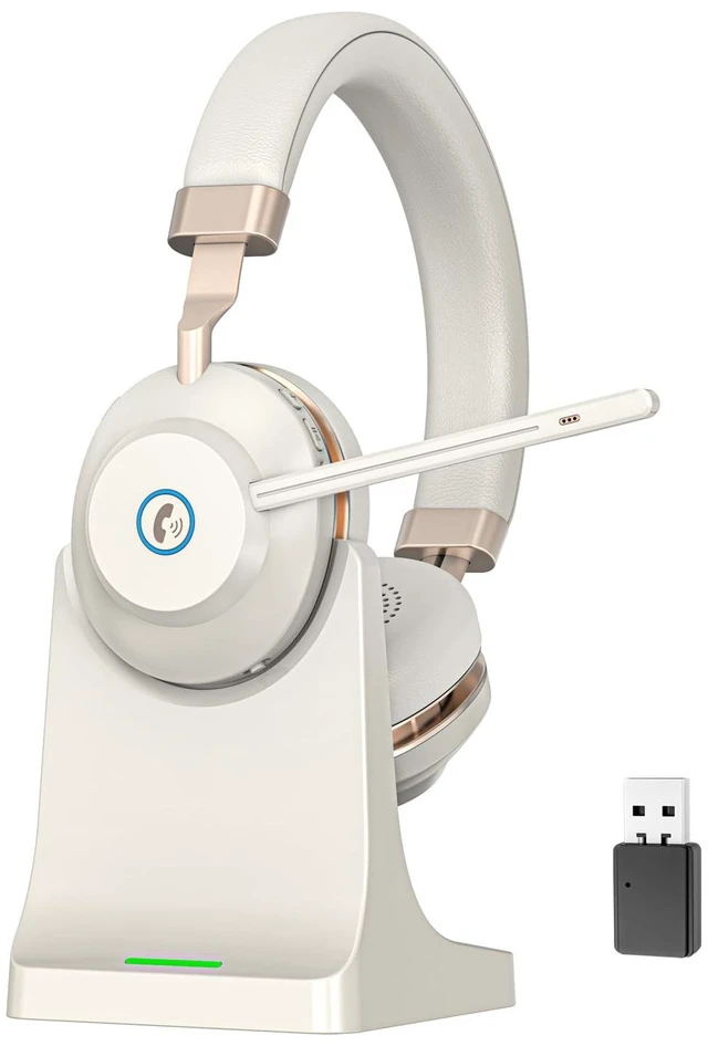 Main image of Wireless Headset with Mic for Work, V5.2 Bluetooth Headset with Microphone Noise Canceling & Charging Base, Wireless Headphones with Mic Mute Button & USB Dongle 45Hrs for Laptop/PC/Call
