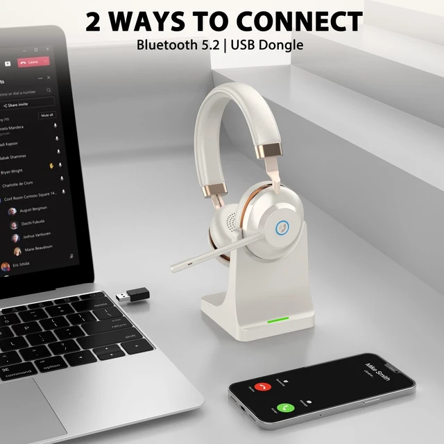 Alt view image 4 of 5 - Wireless Headset with Mic for Work, V5.2 Bluetooth Headset with Microphone Noise Canceling & Charging Base, Wireless Headphones with Mic Mute Button & USB Dongle 45Hrs for Laptop/PC/Call