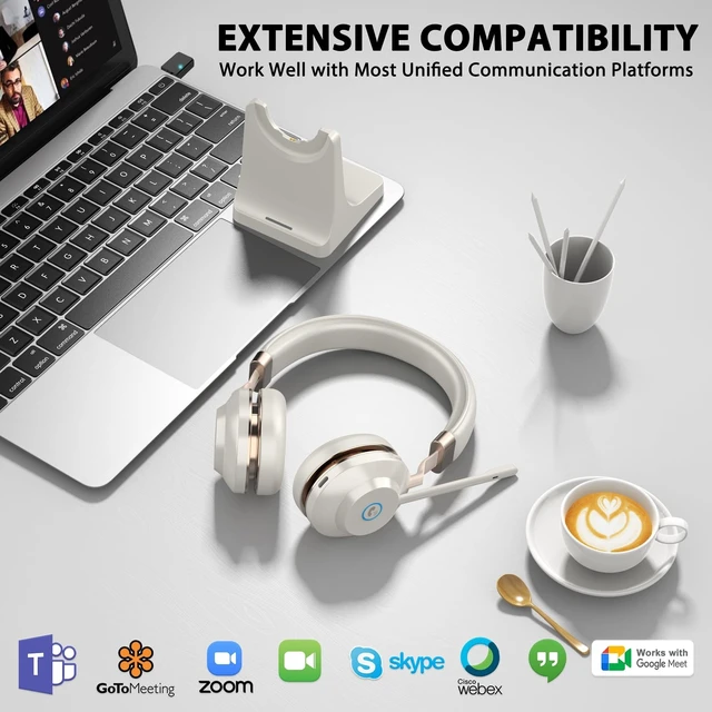 Alt view image 5 of 5 - Wireless Headset with Mic for Work, V5.2 Bluetooth Headset with Microphone Noise Canceling & Charging Base, Wireless Headphones with Mic Mute Button & USB Dongle 45Hrs for Laptop/PC/Call