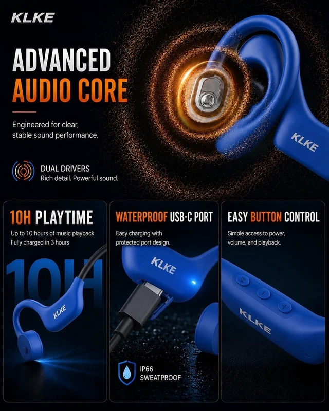 Alt view image 5 of 5 - KLKE Bone Conduction Headphones for Running with mic and Rear Safety Light