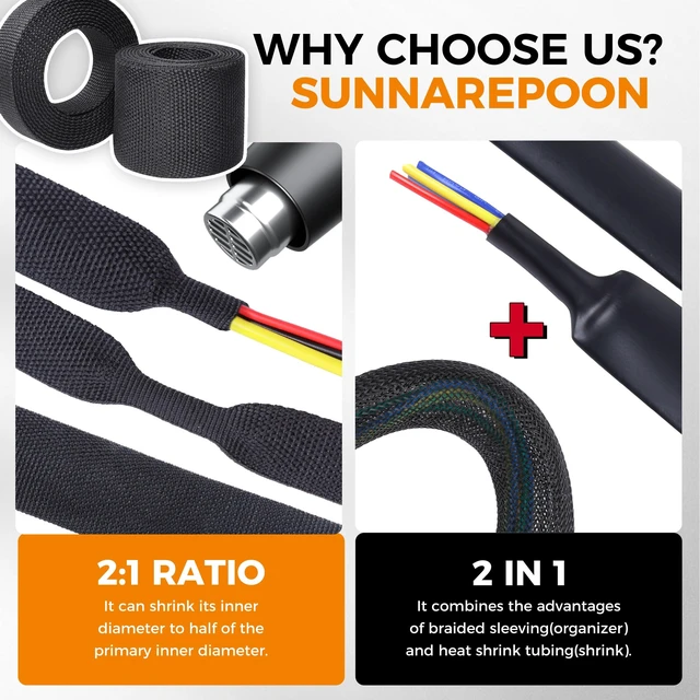 Alt view image 4 of 5 - SUNNAREPOON 2:1 Ratio Automotive Heat Shrink Braided Sleeving 1/4''-26ft