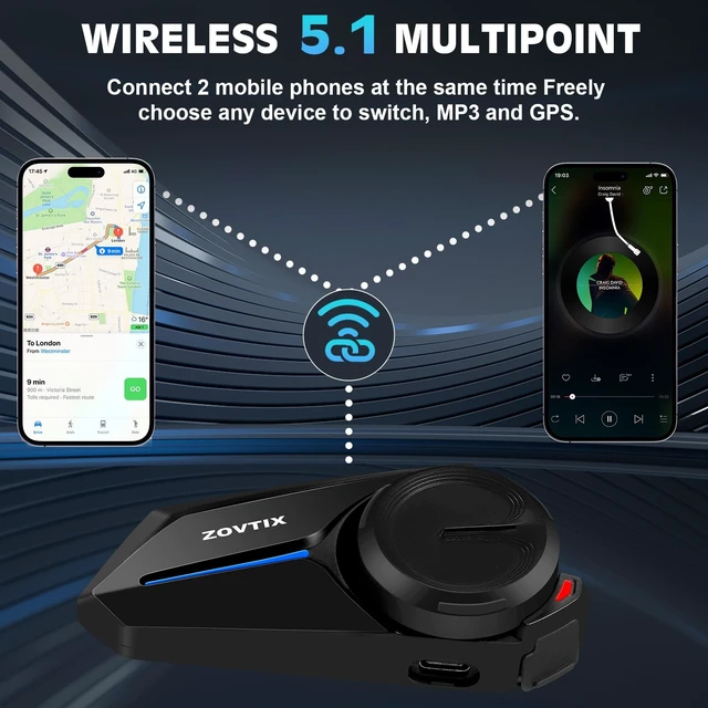 Alt view image 4 of 5 - ZOVTIX Motorcycle Bluetooth Headset Long-Lasting Battery Helmet Speakers