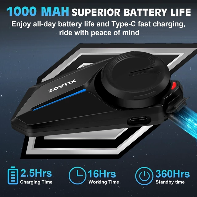 Alt view image 5 of 5 - ZOVTIX Motorcycle Bluetooth Headset Long-Lasting Battery Helmet Speakers