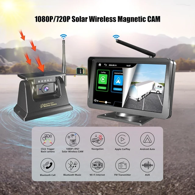 Alt view image 3 of 5 - Wireless Solar Bluetooth Back up Rear View Camera for Truck,7" Radio Apple Carplay Android Auto Touch Screen Monitor,Solar Magnetic Camera for RV Cargo Trailer Camper Trailer Pickup