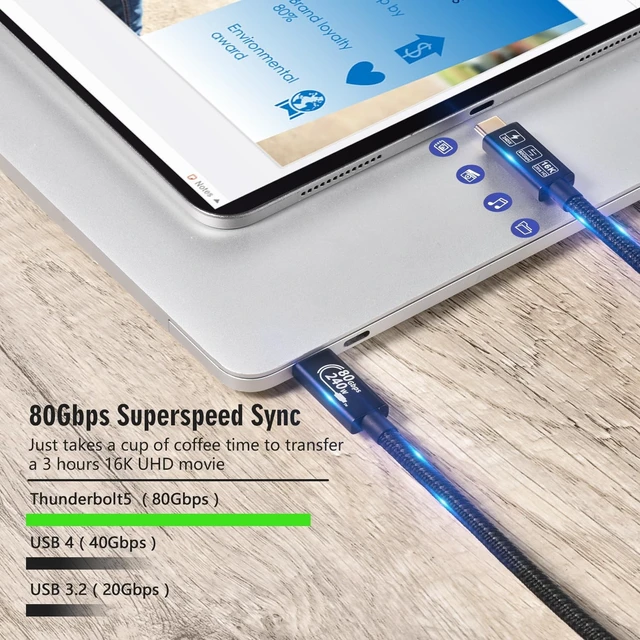 Alt view image 5 of 5 - USB4 Cable, with Thunderbolt 5 Cable, 240 W Charging Cable, 80 Gbps Data Cable, gen4 cable,16K@60Hz 4K120Hz HDR, USB C to USB C Cable, for Hub, Dock, M2, M3, SSD, Laptops, Monitor (TB5 80G 240W 3M)