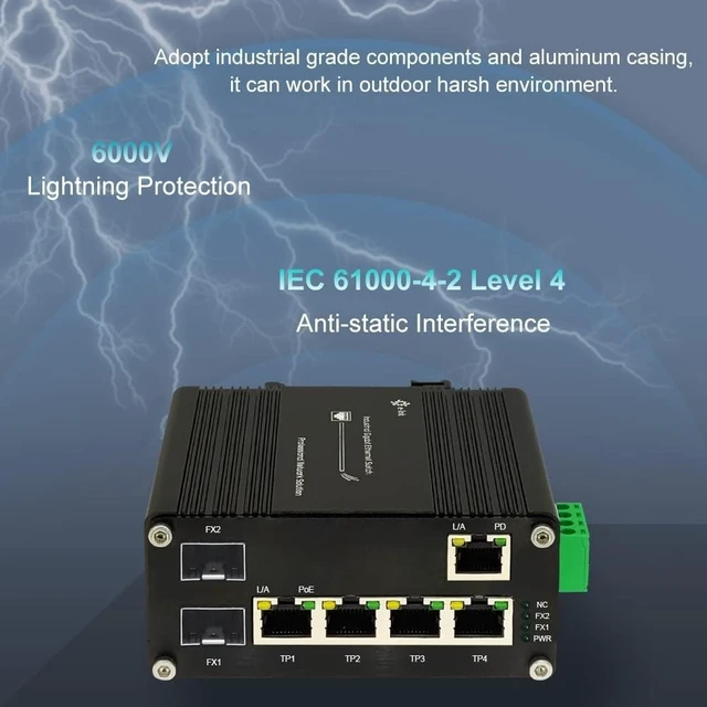 Alt view image 5 of 5 - Industrial 2 SFP + 5-Port Gigabit PoE Passthrough Switch