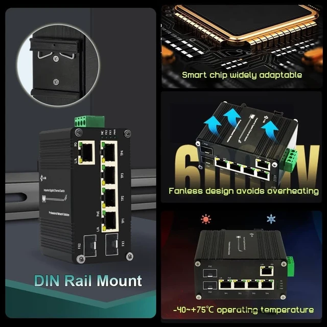 Alt view image 4 of 5 - Industrial 2 SFP + 5-Port Gigabit PoE Passthrough Switch