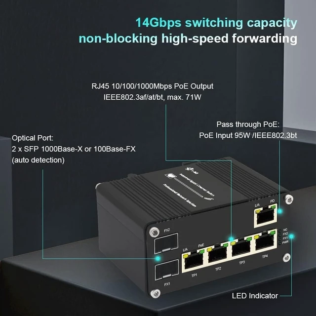 Alt view image 2 of 5 - Industrial 2 SFP + 5-Port Gigabit PoE Passthrough Switch