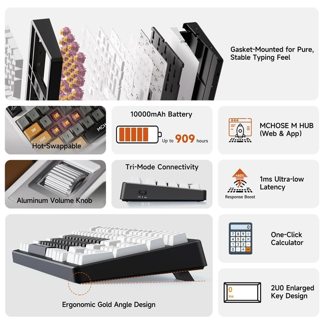 Alt view image 2 of 5 - MCHOSE UT98 Silent Mechanical Keyboard, Compact Wireless Gaming Keyboard with Knob, Tri-Mode Connection, Hot Swappable Custom Creamy Keyboard, Gasket Structure, Pre-lubed Linear Silent Peach V3