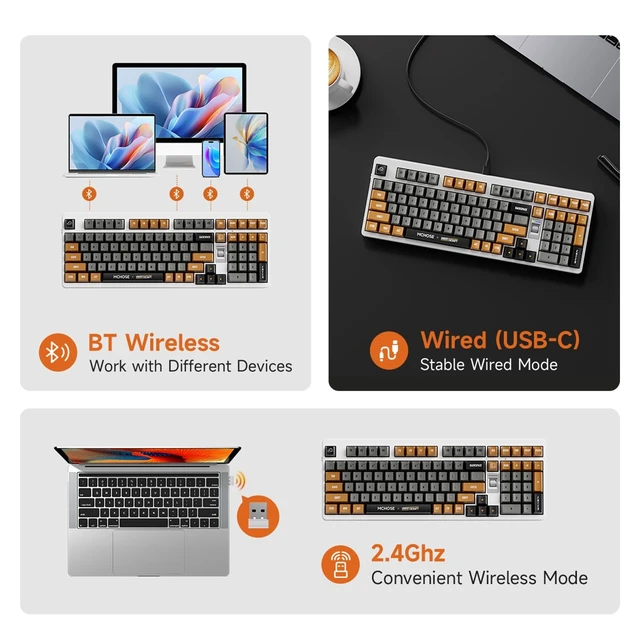Alt view image 3 of 5 - MCHOSE UT98 Silent Mechanical Keyboard, Compact Wireless Gaming Keyboard with Knob, Tri-Mode Connection, Hot Swappable Custom Creamy Keyboard, Gasket Structure, Pre-lubed Linear Silent Peach V3