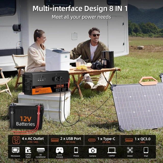 Alt view image 2 of 5 - TAGEEBLU 3100 Watt Pure Sine Wave Inverter 12V DC to 110V 120V AC for RV
