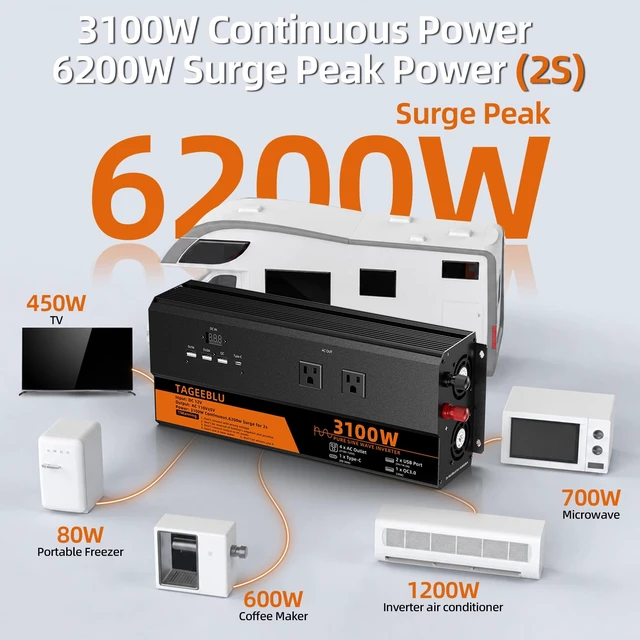 Alt view image 3 of 5 - TAGEEBLU 3100 Watt Pure Sine Wave Inverter 12V DC to 110V 120V AC for RV