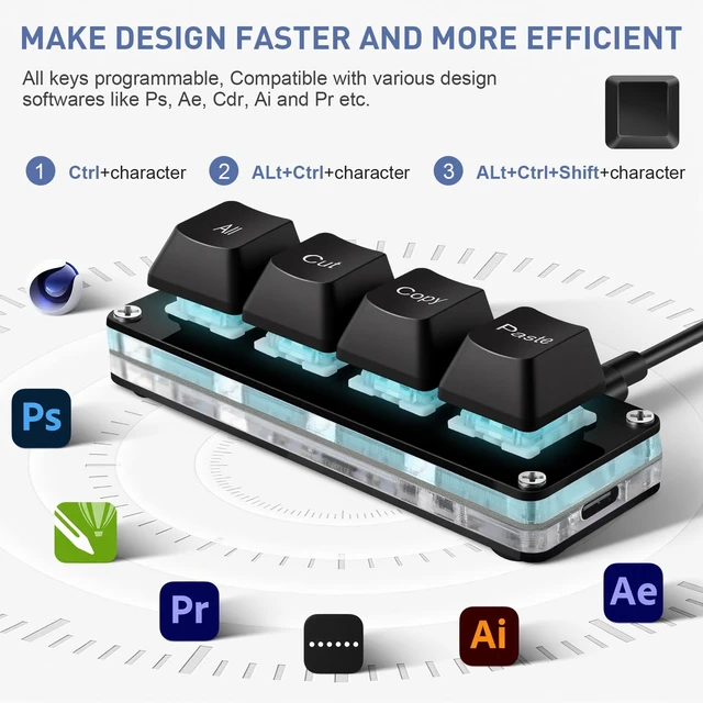 Alt view image 5 of 5 - Mini 4-Key Copy Paste Programmable Keyboard Hotswappable Mechanical Switch
