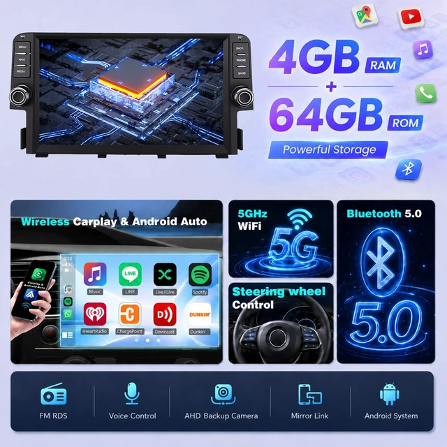 Alt view image 3 of 5 - 4+64G Car Radio for Honda Civic 2016 2017 2018 2019 2020 2021