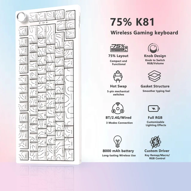 Alt view image 2 of 5 - Adventurers Wireless Mechanical Keyboard,2.4GHz/Type-C/BT5.0,8000mAh