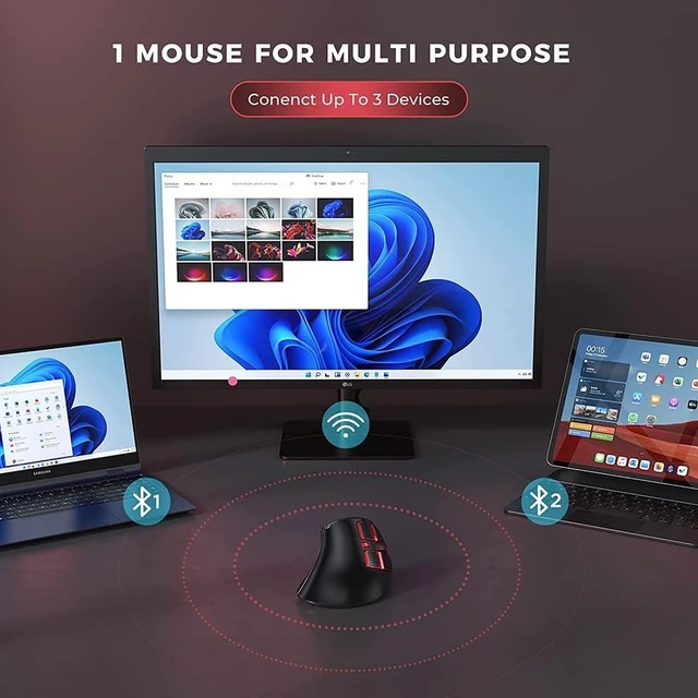 Alt view image 2 of 5 - JOMAA Vertical Ergonomic Wireless Mouse, 2.4G and Bluetooth 5.0/3.0 Dual Mode, Silent, 3 Adjustable DPI Levels, Rechargeable, for Laptop/PC/Mac/iPad/Android