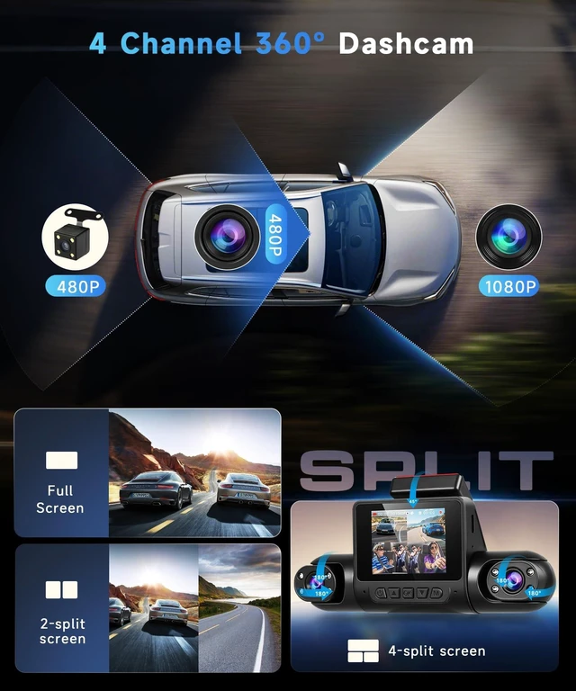 Alt view image 2 of 5 - Orderich 4 Channel 360Dash Cam Front and Rear Inside Left Right, 2 Inch Dash Camera for Cars, Built-in Night Vision, Sensitive Motion Detection 24/7 Recording Parking Mode Monitor Reversing Help
