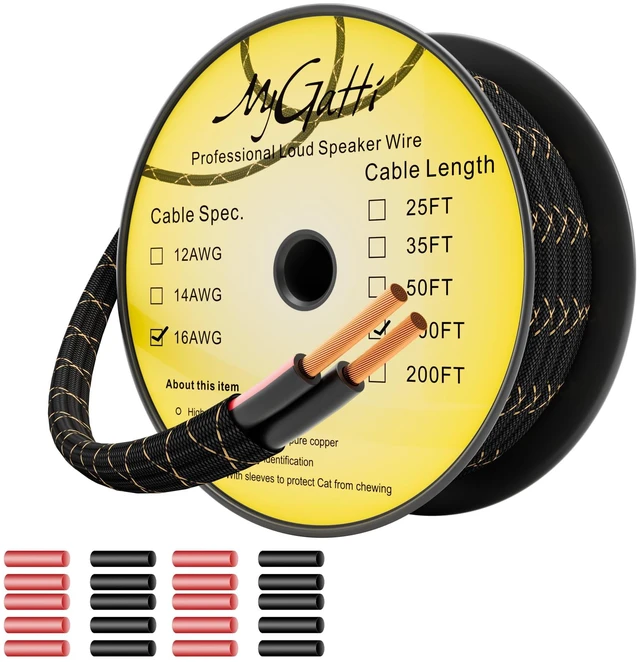 Main image of 16/2 Speaker Wire 100 Feet, 16AWG Gauge Speaker Cable, Direct Burial, Durable Nylon Braided, in Wall, 2 Conductors, OFC Oxygen-Free Copper, for Car Audio Stereos, Home Theater, Surround Sound, Radio
