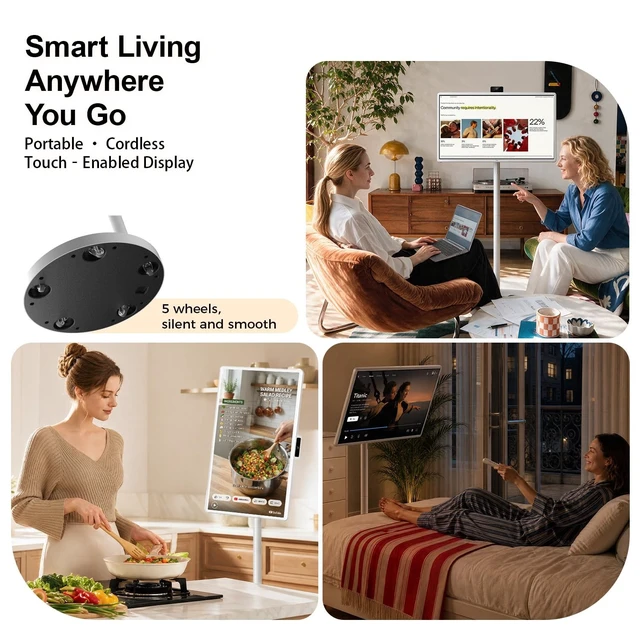 Alt view image 2 of 5 - 32" Portable Smart TV with Android 15, 1080P Touch Screen Monitor on Wheels, EDLA-Certified, 8GB+128GB Storage, 5MP Camera, 10H Playing Time, Rotatable Display, Wireless Casting, Voice Remote C