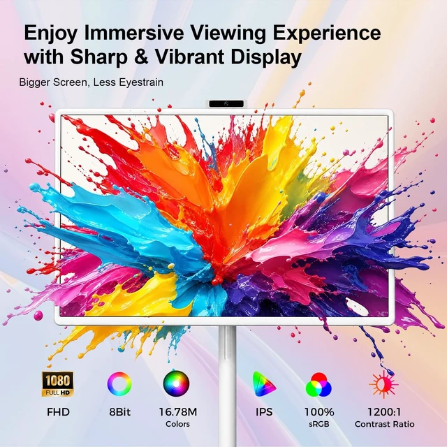 Alt view image 3 of 5 - 32" Portable Smart TV with Android 15, 1080P Touch Screen Monitor on Wheels, EDLA-Certified, 8GB+128GB Storage, 5MP Camera, 10H Playing Time, Rotatable Display, Wireless Casting, Voice Remote C