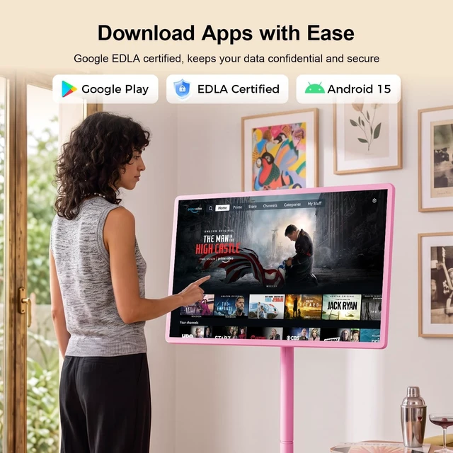 Alt view image 4 of 5 - 32" Portable Smart TV with Android 15, 1080P Touch Screen Monitor on Wheels, EDLA-Certified, 8GB+128GB Storage, 5MP Camera, 10H Playing Time, Rotatable Display, Wireless Casting, Voice Remote C