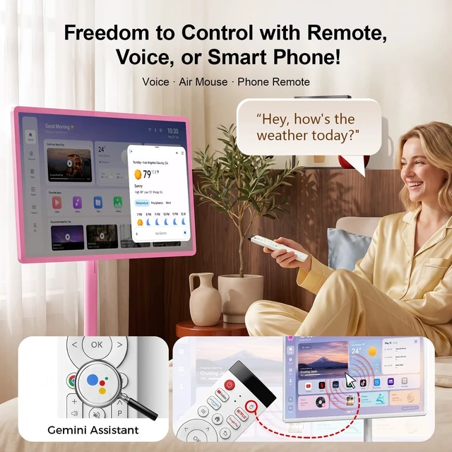 Alt view image 5 of 5 - 32" Portable Smart TV with Android 15, 1080P Touch Screen Monitor on Wheels, EDLA-Certified, 8GB+128GB Storage, 5MP Camera, 10H Playing Time, Rotatable Display, Wireless Casting, Voice Remote C