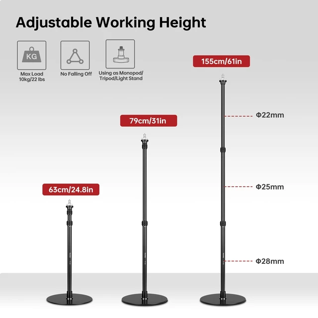 Alt view image 5 of 5 - Manbily YP-300 Light Stand, 61 Monopod for Camera, LED Light, Heavy Duty Aluminum Alloy 28mm Tubes Metal Round Base with 1/4 Screw, 3/8 Screw & Light Mount Adapter Studio Stage