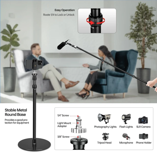 Alt view image 4 of 5 - Manbily YP-300 Light Stand, 61 Monopod for Camera, LED Light, Heavy Duty Aluminum Alloy 28mm Tubes Metal Round Base with 1/4 Screw, 3/8 Screw & Light Mount Adapter Studio Stage