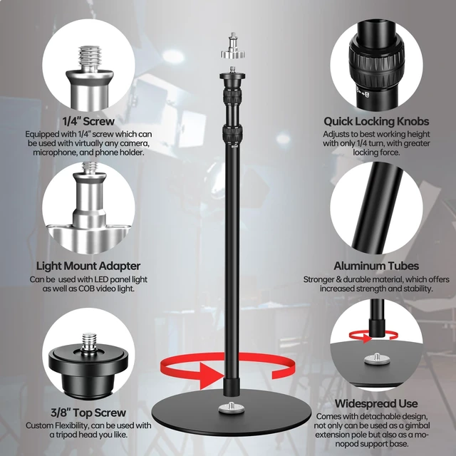 Alt view image 3 of 5 - Manbily YP-300 Light Stand, 61 Monopod for Camera, LED Light, Heavy Duty Aluminum Alloy 28mm Tubes Metal Round Base with 1/4 Screw, 3/8 Screw & Light Mount Adapter Studio Stage