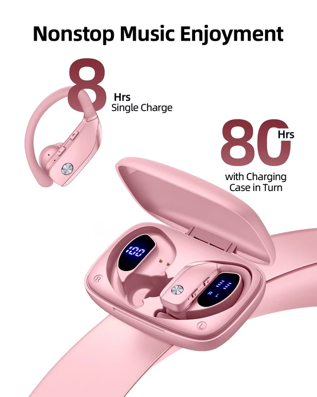 Alt view image 2 of 5 - Wireless Earbuds Bluetooth Headphones Over Ear Hooks Ear Buds with 80H Playtime, LED Power Display, Dual Mic Clear Calls, Sports Wireless Ear Buds Bluetooth Earbuds for Running Gym Worko