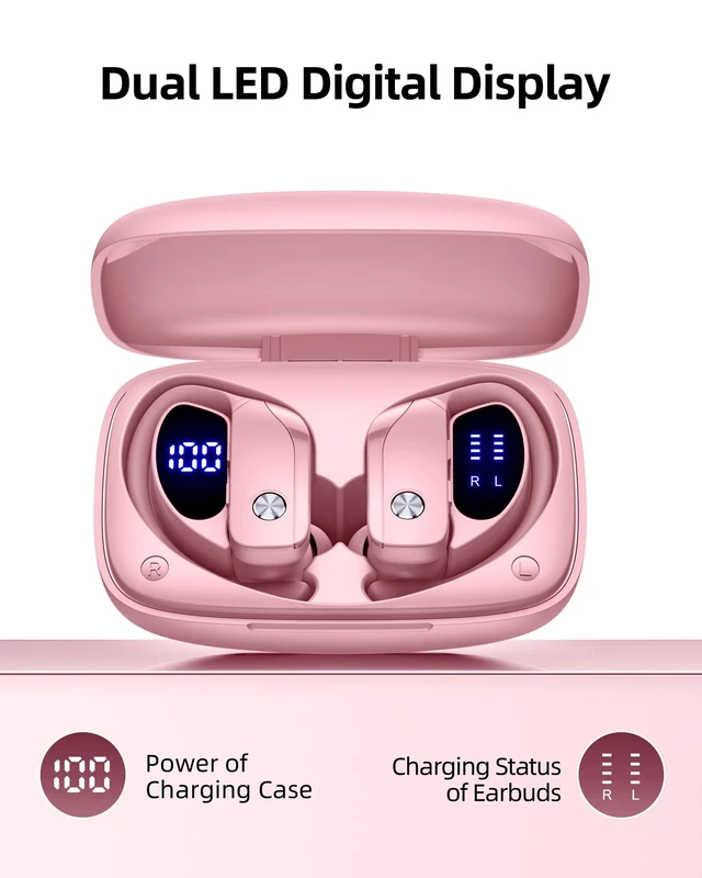 Alt view image 3 of 5 - Wireless Earbuds Bluetooth Headphones Over Ear Hooks Ear Buds with 80H Playtime, LED Power Display, Dual Mic Clear Calls, Sports Wireless Ear Buds Bluetooth Earbuds for Running Gym Worko
