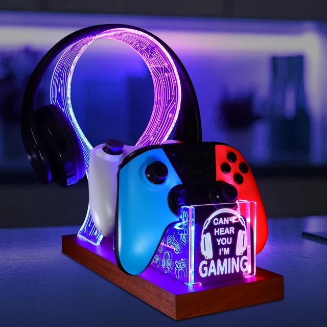Main image of YuanDian Gamer Gifts for Teenage Boy, Can't Hear You I'm Gaming Headset and Controller Stand, Acrylic Wooden Controller Holder with Blue Pink LED Night Light, Desk Decor Gift