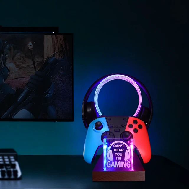 Alt view image 2 of 5 - YuanDian Gamer Gifts for Teenage Boy, Can't Hear You I'm Gaming Headset and Controller Stand, Acrylic Wooden Controller Holder with Blue Pink LED Night Light, Desk Decor Gift