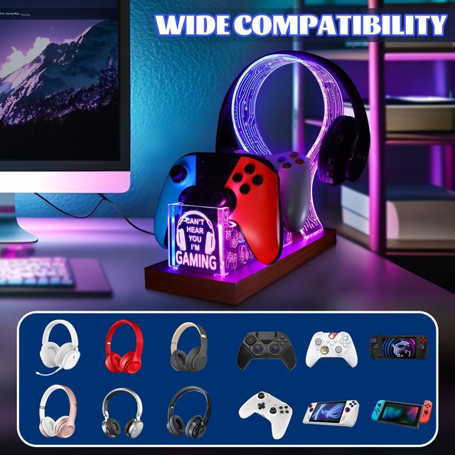 Alt view image 3 of 5 - YuanDian Gamer Gifts for Teenage Boy, Can't Hear You I'm Gaming Headset and Controller Stand, Acrylic Wooden Controller Holder with Blue Pink LED Night Light, Desk Decor Gift