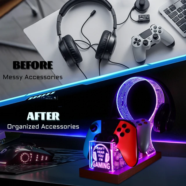 Alt view image 4 of 5 - YuanDian Gamer Gifts for Teenage Boy, Can't Hear You I'm Gaming Headset and Controller Stand, Acrylic Wooden Controller Holder with Blue Pink LED Night Light, Desk Decor Gift