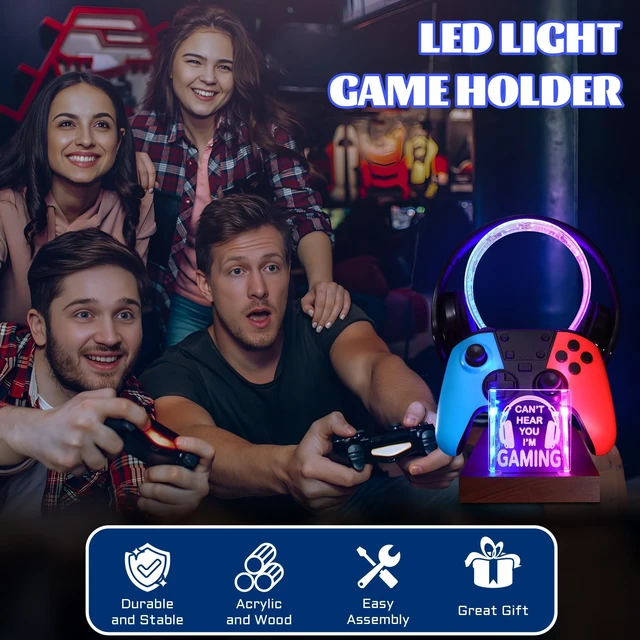 Alt view image 5 of 5 - YuanDian Gamer Gifts for Teenage Boy, Can't Hear You I'm Gaming Headset and Controller Stand, Acrylic Wooden Controller Holder with Blue Pink LED Night Light, Desk Decor Gift