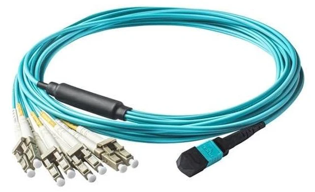 Main image of SpeedyFiberTX 1-Pack 5 Meter Low Loss Non-Pinned MPO to 8xLC Fiber Breakout Harness Cable, OM3 Corning ClearCurve Fiber, Aqua Riser OFNR Cable Jacket ^^ MTP Compatible