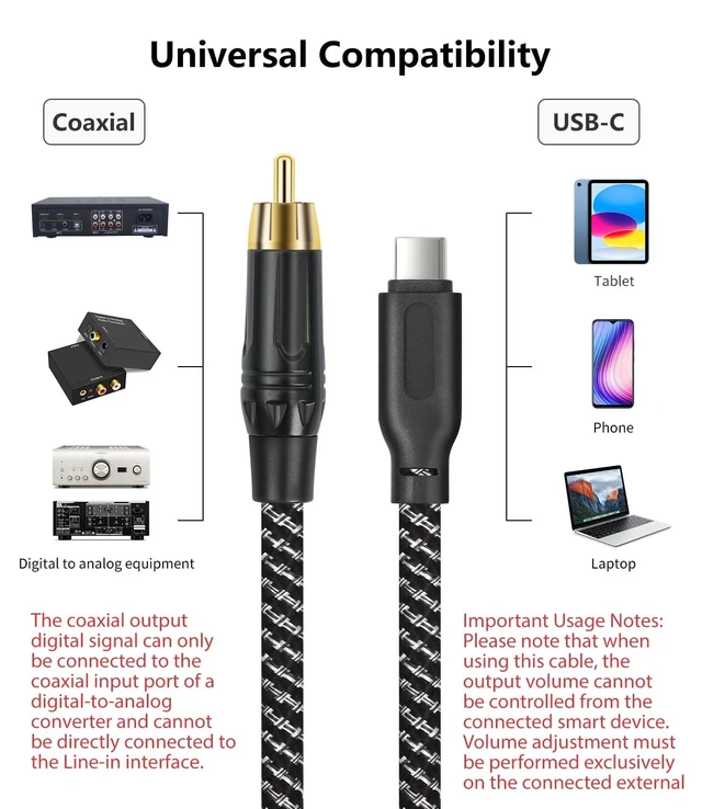 Alt view image 5 of 5 - Lrbners USB-C to Single RCA Audio Cable 6.6FT Braided Coaxial Digital-to-Analog Cable, Gold-Plated RCA Connector for Subwoofers & Floor-Standing Speakers