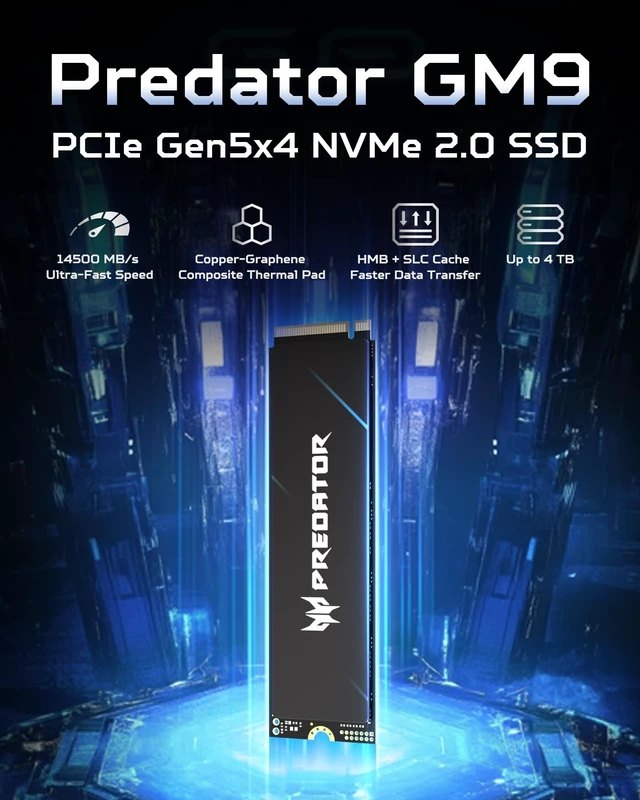 Alt view image 2 of 5 - Acer Predator GM9 M.2 Gen5 SSD 2TB, up to 14500 MB/s, NVMe 2.0 PCIe 5.0 Internal Solid State Drive for AI Workloads, Gaming & Content Creation, Compatible with DirectStorage, Laptop and Desktop PC