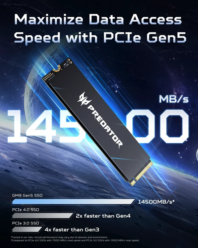 Alt view image 3 of 5 - Acer Predator GM9 M.2 Gen5 SSD 2TB, up to 14500 MB/s, NVMe 2.0 PCIe 5.0 Internal Solid State Drive for AI Workloads, Gaming & Content Creation, Compatible with DirectStorage, Laptop and Desktop PC