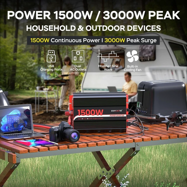 Alt view image 2 of 5 - 1500W Power Inverter 12V DC to 110V/120V AC with LCD Display for Vehicles