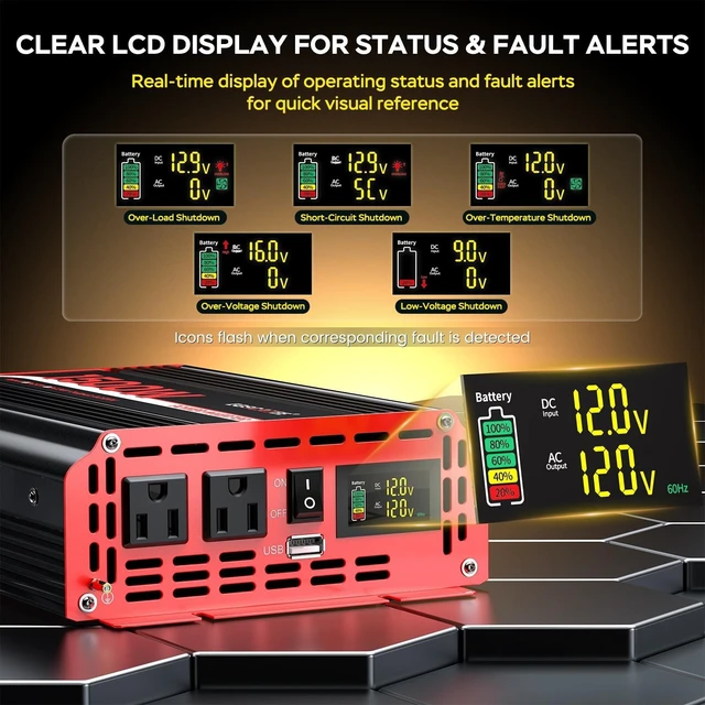 Alt view image 4 of 5 - 1500W Power Inverter 12V DC to 110V/120V AC with LCD Display for Vehicles